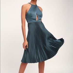 Lulu’s Pia Blue Grey Satin Halter Midi Dress